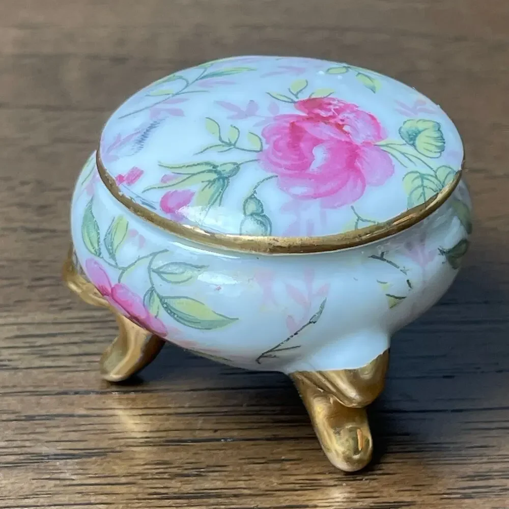 Floral Porcelain Footed Trinket Box Vtg Mini Lidded Bowl Roses Gold Gilt 1239
